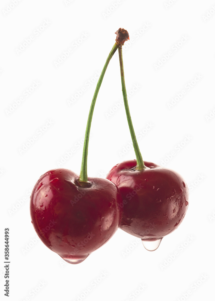 Red berry cherry with raindrops on white background. Red berry cherry with raindrops on white background.