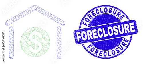 Web carcass dollar garage bank icon and Foreclosure stamp. Blue vector rounded grunge stamp with Foreclosure message. Abstract frame mesh polygonal model created from dollar garage bank icon.