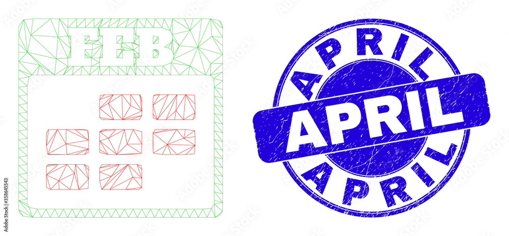 Web carcass february calendar icon and April stamp. Blue vector rounded grunge seal stamp with April caption. Abstract carcass mesh polygonal model created from february calendar icon.