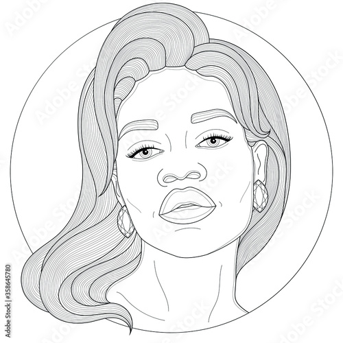 Black woman with earrings.Coloring book antistress for children and adults. Illustration isolated on white background.Black and white drawing.Zen-tangle style.