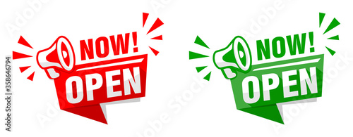 Open now sticker with Megaphone. Web banner on transparent background. Illustration, vector