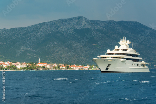 Luxury Russian super yacht passing Korcula island in Adriatic, Croatia