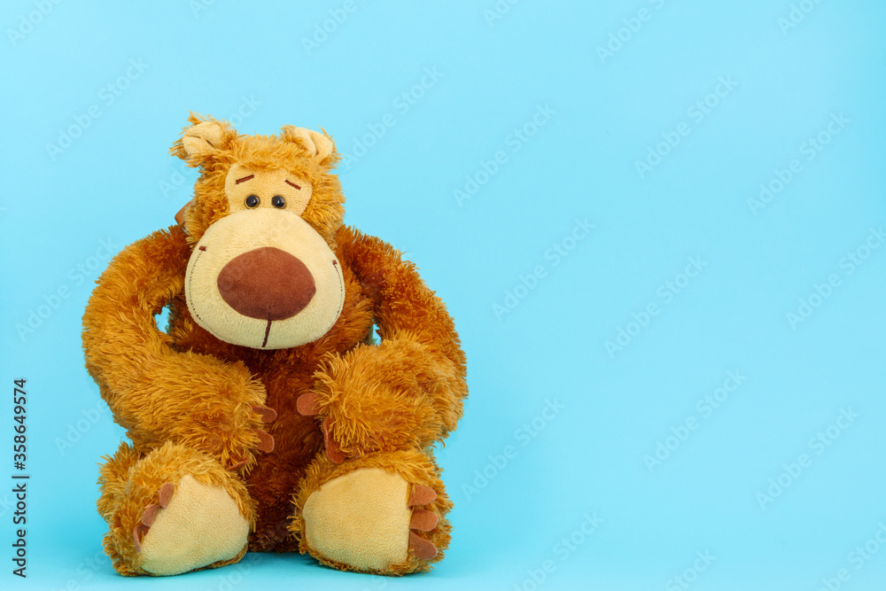 Obraz premium Brown teddy bear on a light blue background.