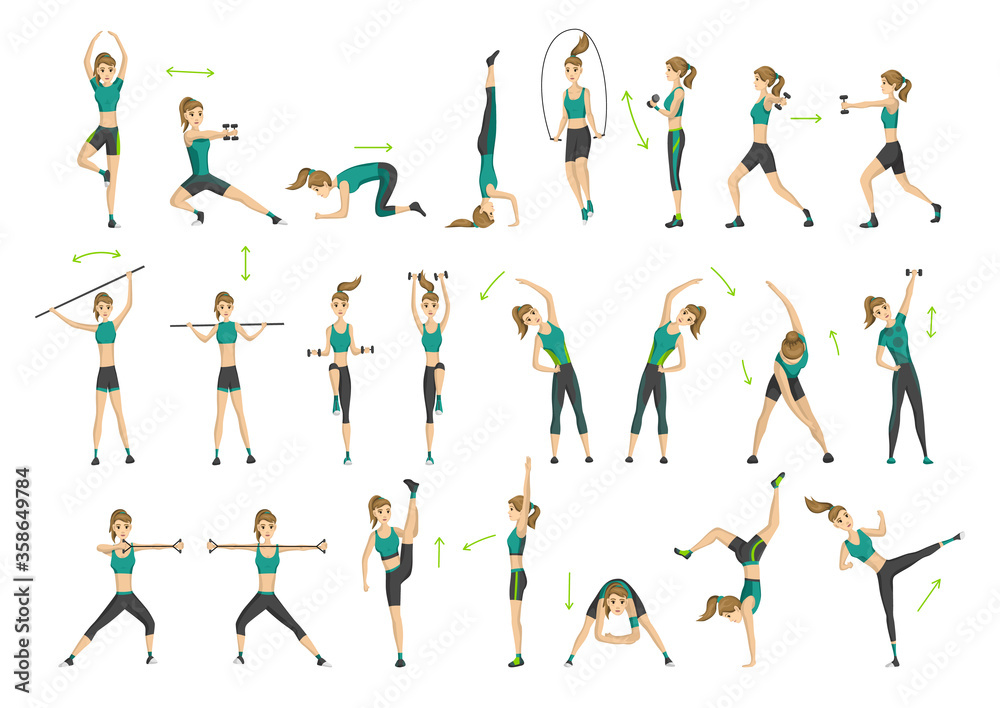 Woman fitness. Collection of workout aerobic fitness. Active and healthy life concept. Woman doing fitness and physical exercises