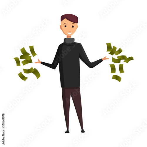 Vector cartoon rich people. Happy super rich successful businessman with huge green money bills pile. Very rich man bathing In his money, happy millionaire magnate male