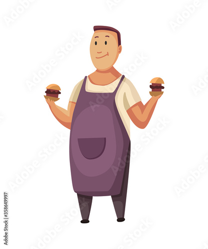BBQ party. Man with a barbecue grill. Picnic with fresh food. Happy smiling man character cooked a barbecue grill. Vector flat cartoon illustration