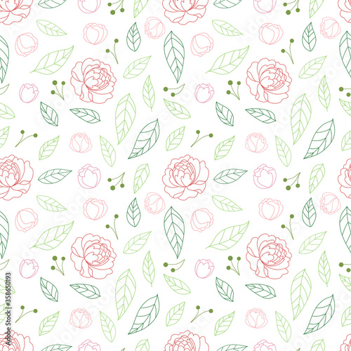 Seamless pattern with peonies and leaves. Elegant hand drawn floral background. 
