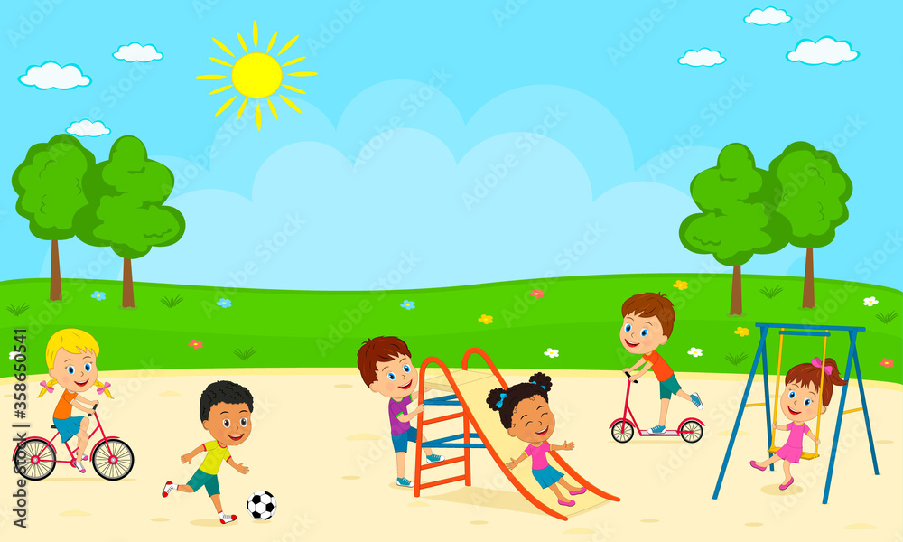 kids, boys and girls  play on the playground, illustration,vector