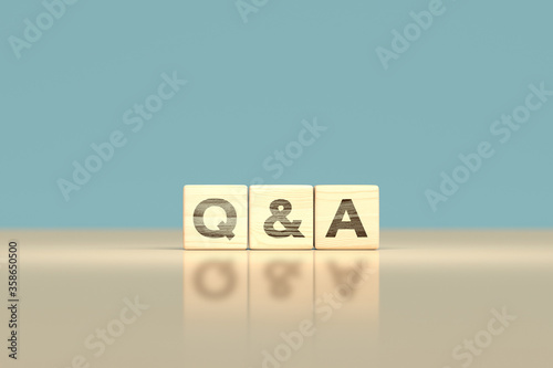 Wooden block cube Q & A symbol question and answer website page marketing concept - 3d render