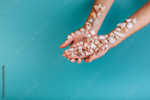 Macro of hand holding different kinds of seashells, corals in front of a blue background, isolated with a caption for text. Vacation concept