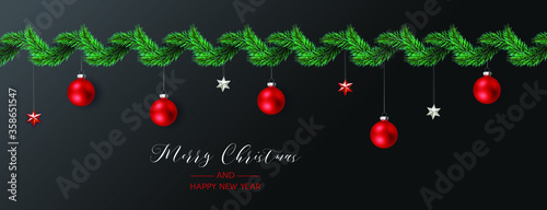 Vintage 3D abstract vector christmas decoration isolated on dark background. Red and white xmas holiday ornaments and green tinsel isolated on dark gray. Winter holiday repeating border, seamless patt