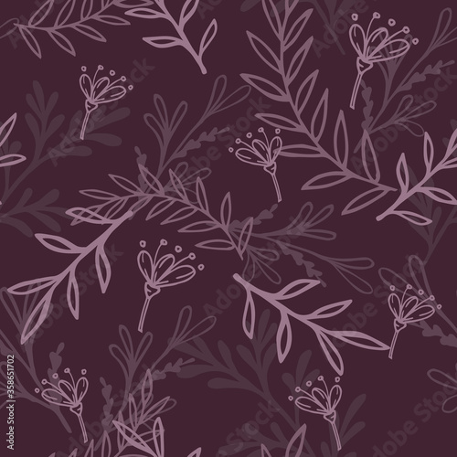 Pattern with violet sprigs and flowers on a dark gray background. Hand drawn floral background