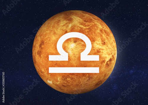 Zodiac Sign Libra on the venus planet of solar system. Astrologic infographics. 3d rendered illustration. Elements of this image were furnished by NASA