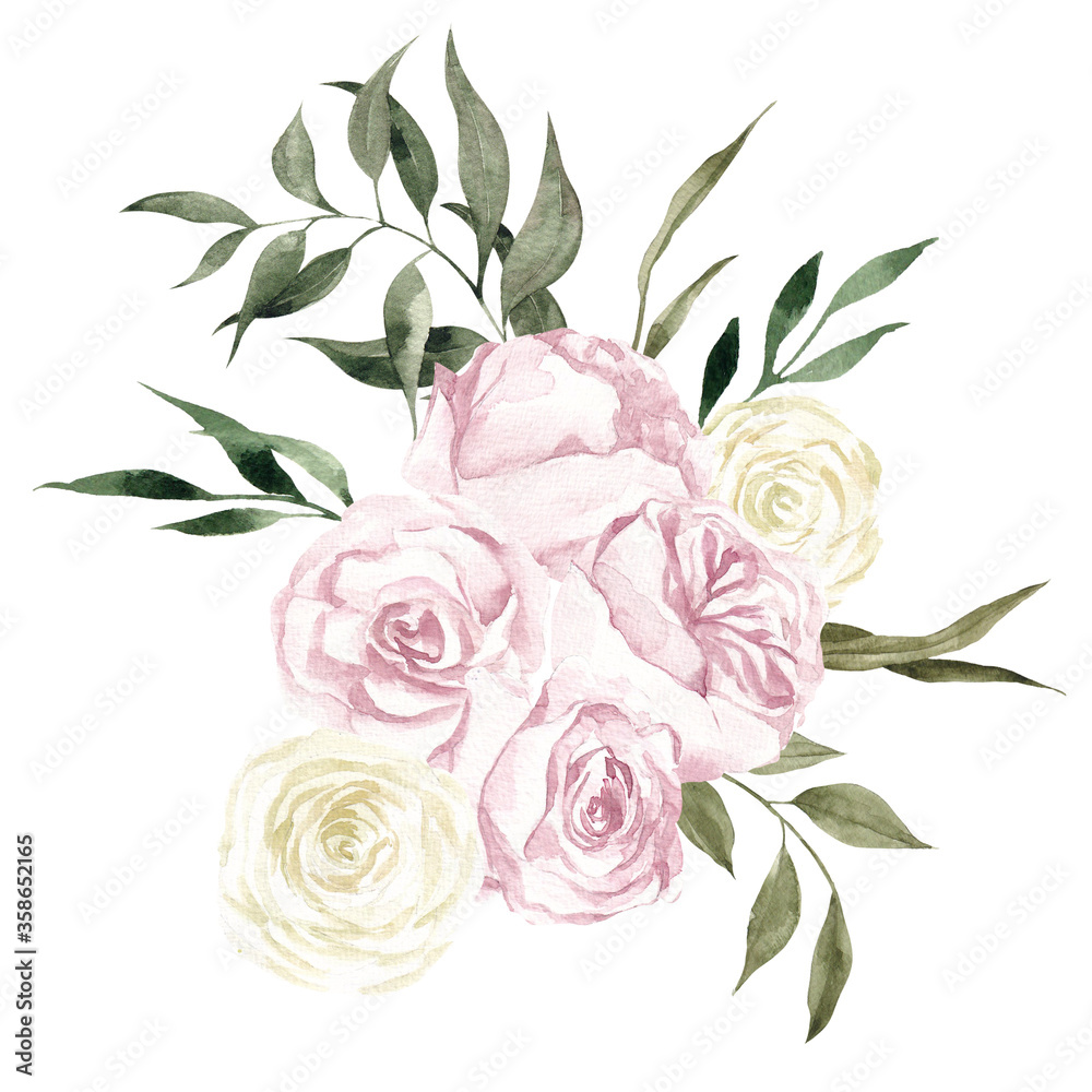 Watercolor illustration with white and pink flowers, isolated on white background