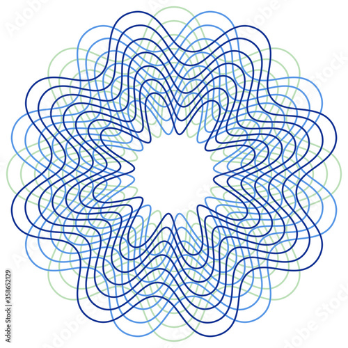 Circle Guilloch in vector, security Seal, circle border frame, blue round lace contour isolated on white background. Abstract round frame from thin lines.
