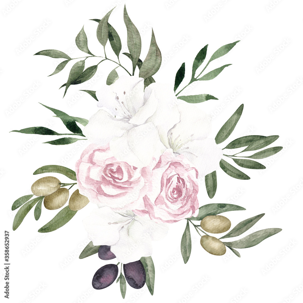 Watercolor bouquet with flowers, olives and leaves, isolated on white background