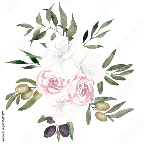 Watercolor bouquet with flowers  olives and leaves  isolated on white background