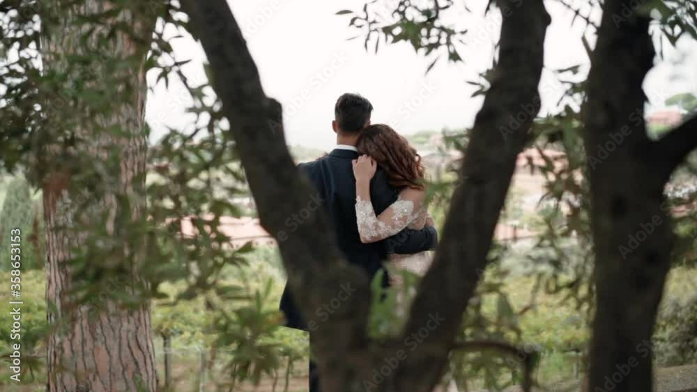 Emotion of love and affection, young married couple hugging and looking at the cityscape. Back view of newlyweds in fashionable clothing celebrating their wedding ceremony, walking in the park and Emotion of love and affection, young married couple hugging and looking at the cityscape. Back view of newlyweds in fashionable clothing celebrating their wedding ceremony, walking in the park and