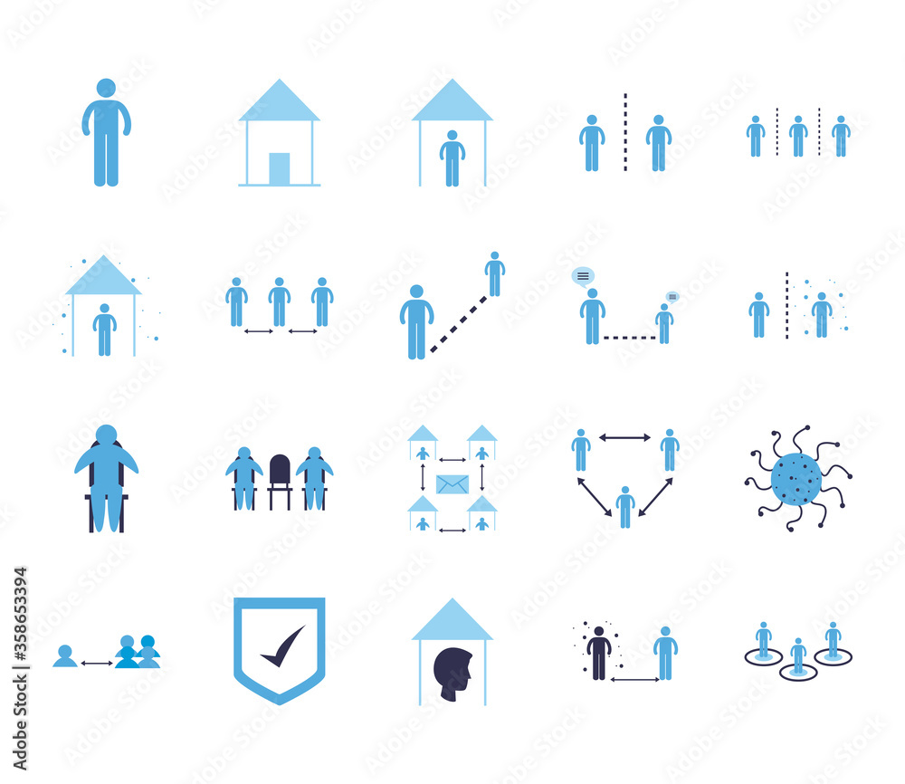 Fototapeta premium Social distancing flat style icon set vector design