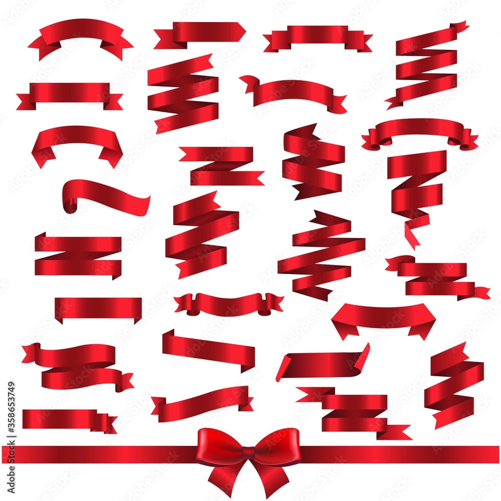 Silk Red Ribbons Isolated White Background With Gradient Mesh, Vector Illustration