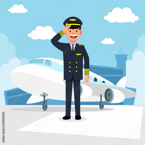 Pilot of the plane next to the plane at the airport vector illustration