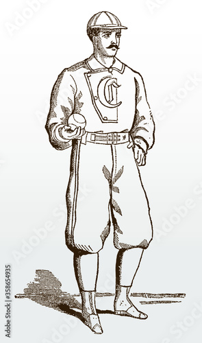 Baseball player from the 19th century from Cincinnatti holding a ball in his right hand