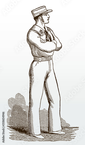 Young man from the 19th century in side view, crossing arms and wearing rowing or yachting suit