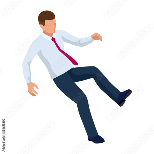 Isometric businessman isolated on write. Creating an office worker character, cartoon people. Business people. The man slipped on the wet floor