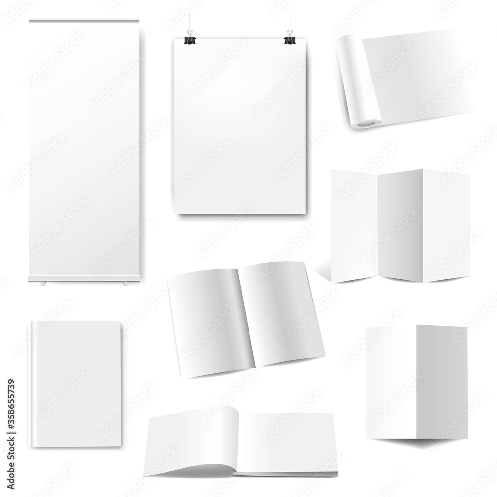 Blank Book Cover Template With Roll Up Banner Isolated White Background With Gradient Mesh, Vector Illustration Blank Book Cover Template With Roll Up Banner Isolated White Background With Gradient Mesh, Vector Illustration