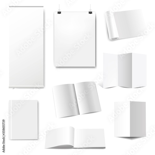 Blank Book Cover Template With Roll Up Banner Isolated White Background With Gradient Mesh, Vector Illustration © cammep