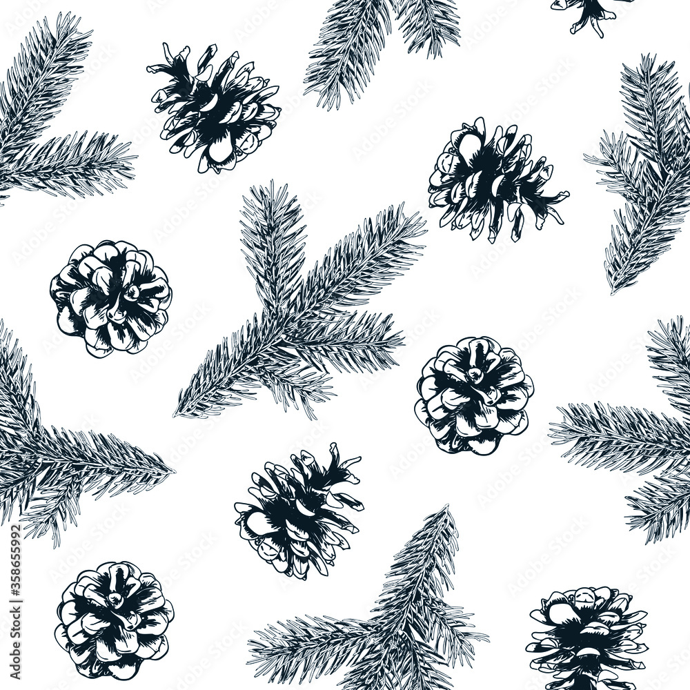 Pine branches and cones black white seamless pattern. Hand drawn spruce ...