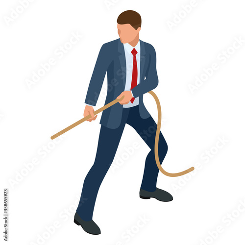 Isometric businessman isolated on write. Creating an office worker character, cartoon people. Business people. Businessman pulls the rope, Tug of war and symbol of rivalry.