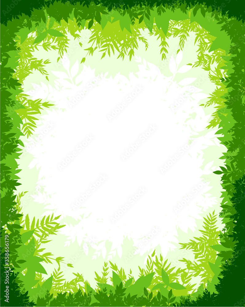 Foliage border frame. Tree branches, leaves. Forest summer day.
Foliage border frame. Tree branches, leaves. Forest summer day.