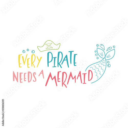 Mermaid cartoon vector illustration. Summer inspirational lettering phrase