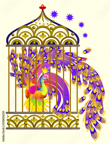 Magic Phoenix bird in a golden cage. Modern print for textile, fairyland symbol, fabric, embroidery, decoration. Fabulous image for kids book cover or fairy tale illustration. Flat vector.