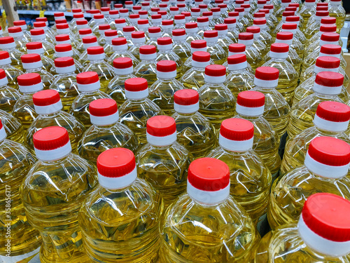 Sunflower oil warehouse close-up in a supermarket. Vegetarianism, healthy food