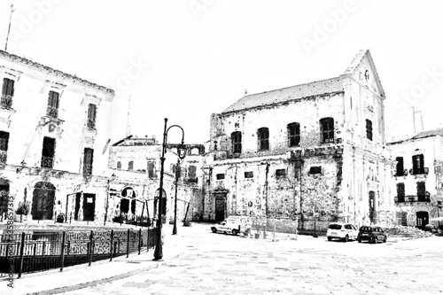 black and white drawing that represents one of the squares of the historic center of the city of Bitonto in Puglia. photo