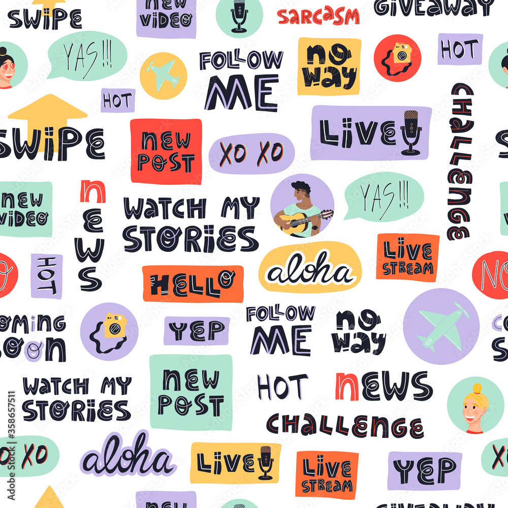 Blogging or vlogging stickers, slogans, lettering and portraits seamless pattern for textile, wrapping paper and other.