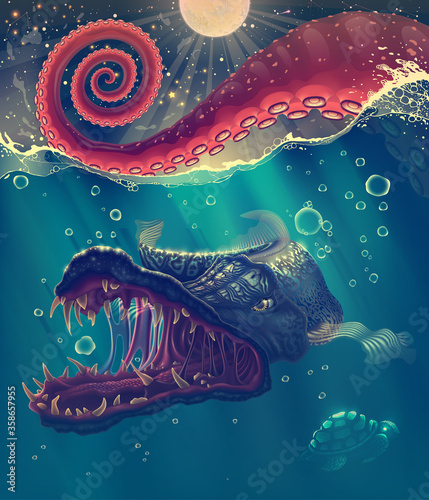 Sea landscape with red octopus tentacles closeup in water, predator under water fish, wild turtle and splashes over blue background. Summer seascape, oceanic giant monster animals.