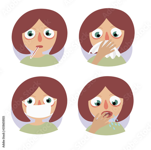 Vector set of illustrations. Woman shows symptoms of illness, flu, runny nose. Measures temperature and puts on a protective mask
