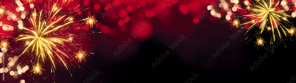 Abstract festive Silvester Party celebration background panorama banner long - Red golden firework on red texture with bokeh lights and space for text