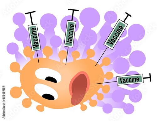 Syringes with a vaccine penetrate the coronavirus molecule and kill it. Covid-19 vaccine invention concept. terrible vector illustration