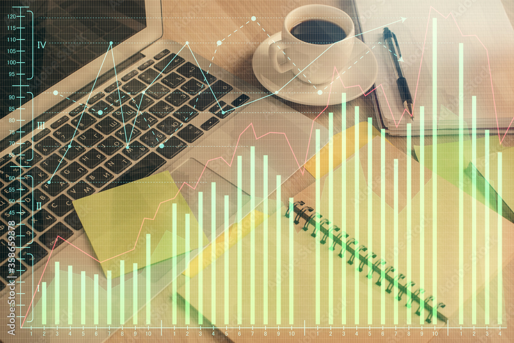 Fototapeta premium Multi exposure of forex graph drawing and desktop with coffee and items on table background. Concept of financial market trading