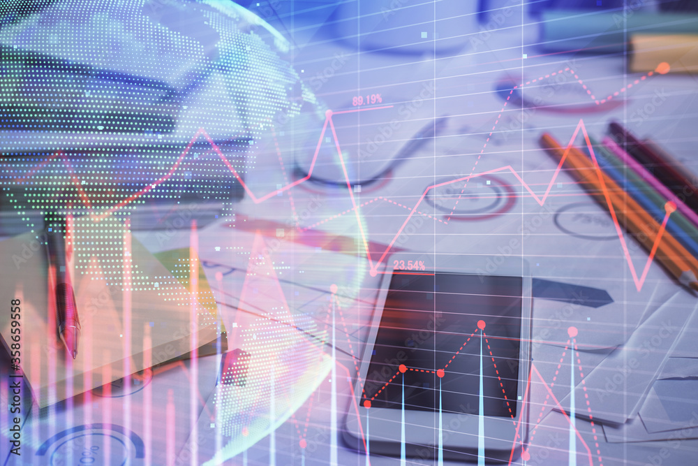 Double exposure of forex graph drawing and cell phone background. Concept of financial data analysis Double exposure of forex graph drawing and cell phone background. Concept of financial data analysis