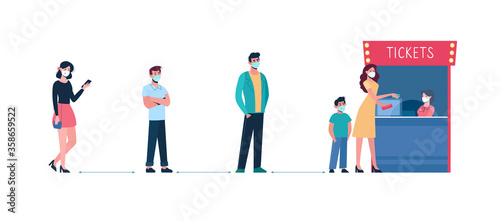 People in medical masks keep their distance when they stand in line at cinema's ticket office. Vector. Social safe distance so as not to spread virus, coronavirus COVID19. Men, women buy movie tickets