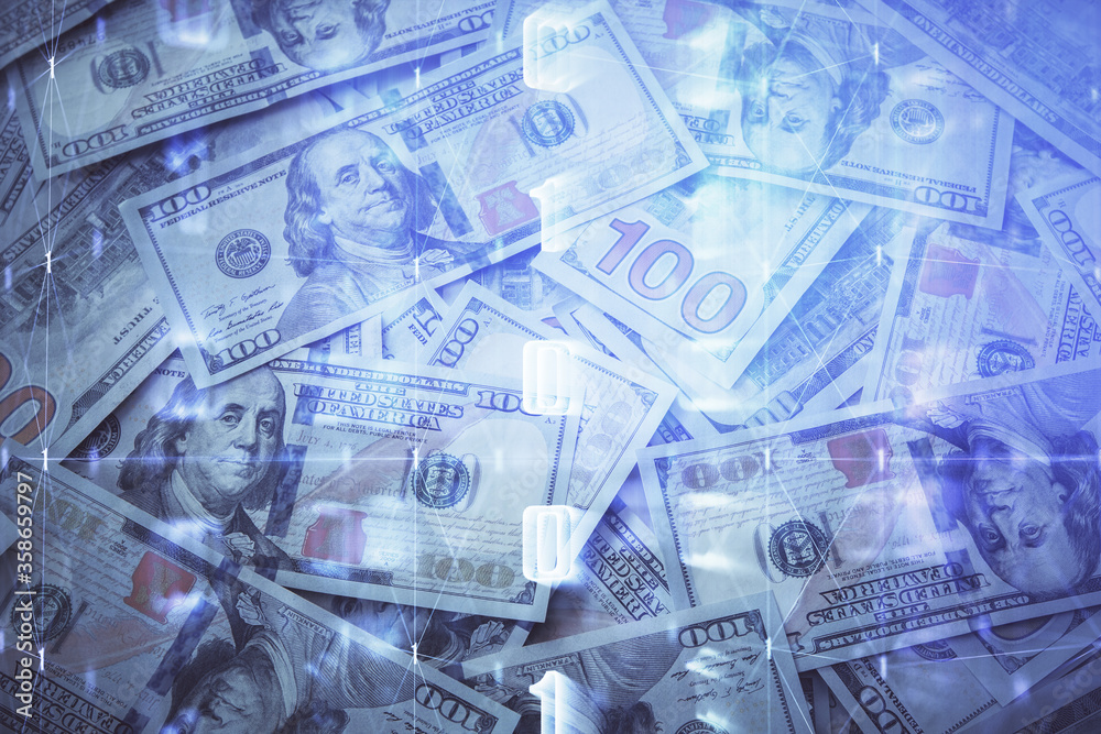 Double exposure of data theme drawing over us dollars bill background. Technology concept. Double exposure of data theme drawing over us dollars bill background. Technology concept.