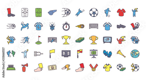 Soccer line and fill style icon set vector design