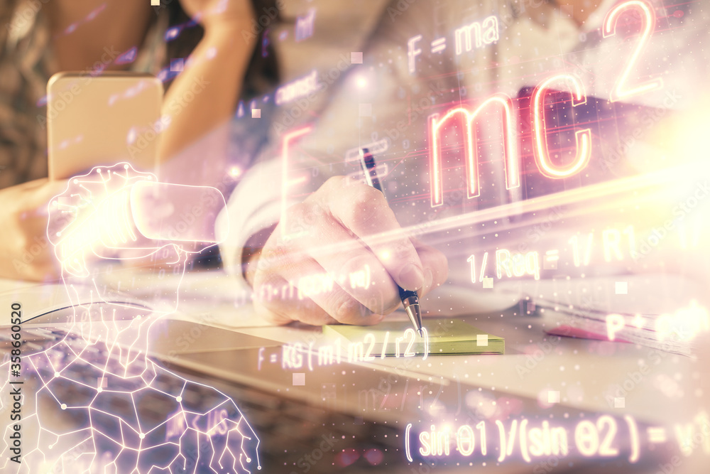 Double exposure of man and woman working together and math formulas hologram drawing. Education concept. Computer background.