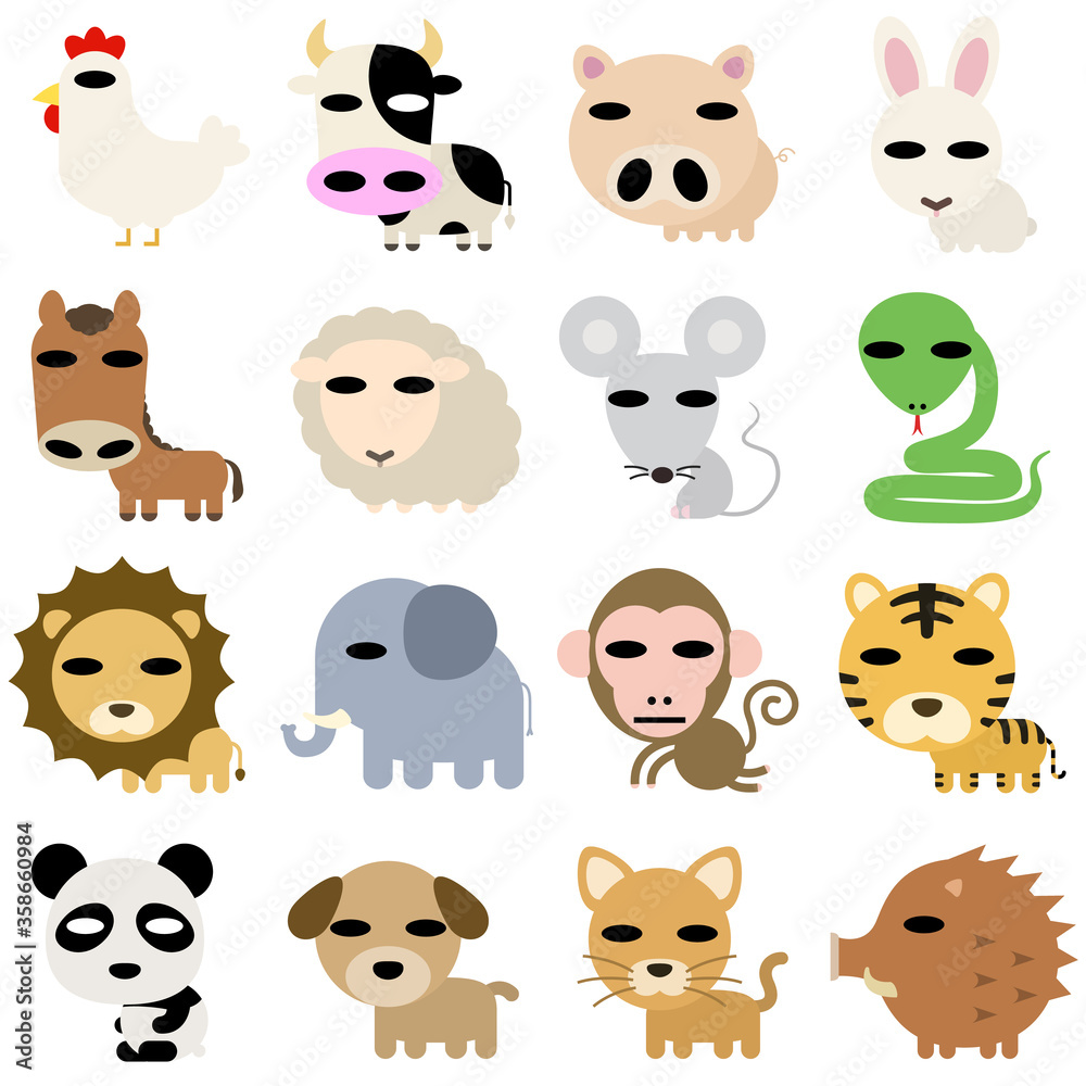 Icon-style Straight face animals set Icon-style Straight face animals set