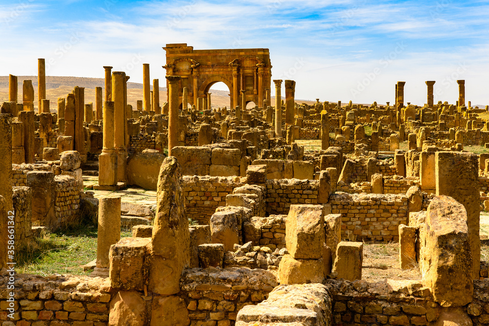 Timgad, a Roman-Berber city in the Aures Mountains of Algeria. (Colonia Marciana Ulpia Traiana Thamugadi). UNESCO World Heritage Site